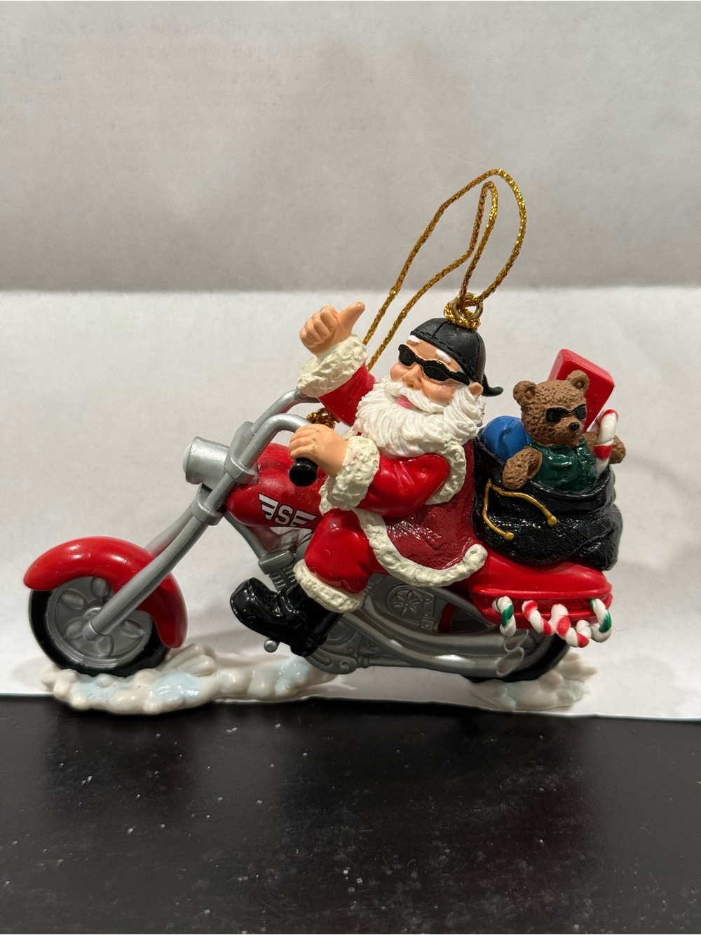 Christmas Ornament Cool Santa Claus W/Bag of Toys Riding Motorcycle